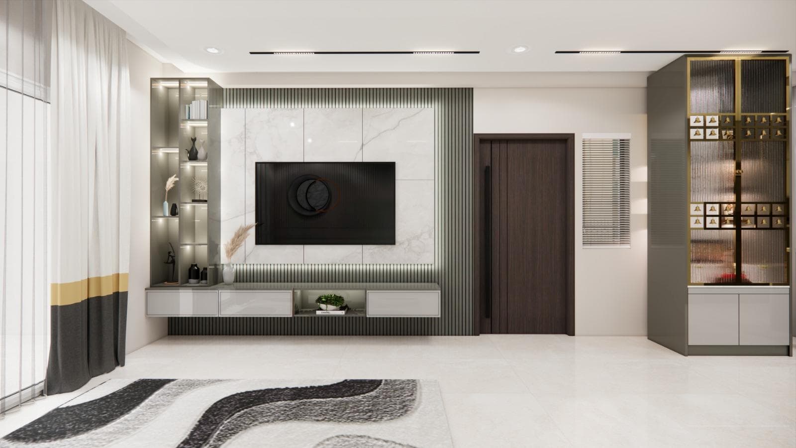 Warm residential living area with a feature wall, upholstered seating and layered lighting
