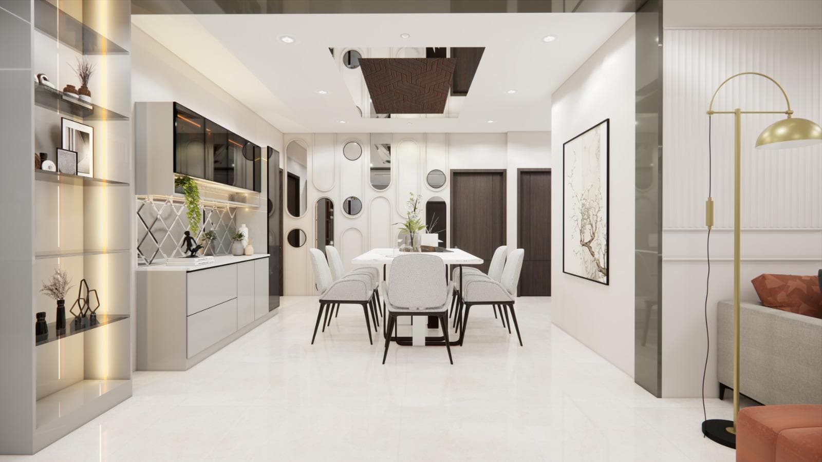 Residential dining area with a contemporary dining table and feature lighting