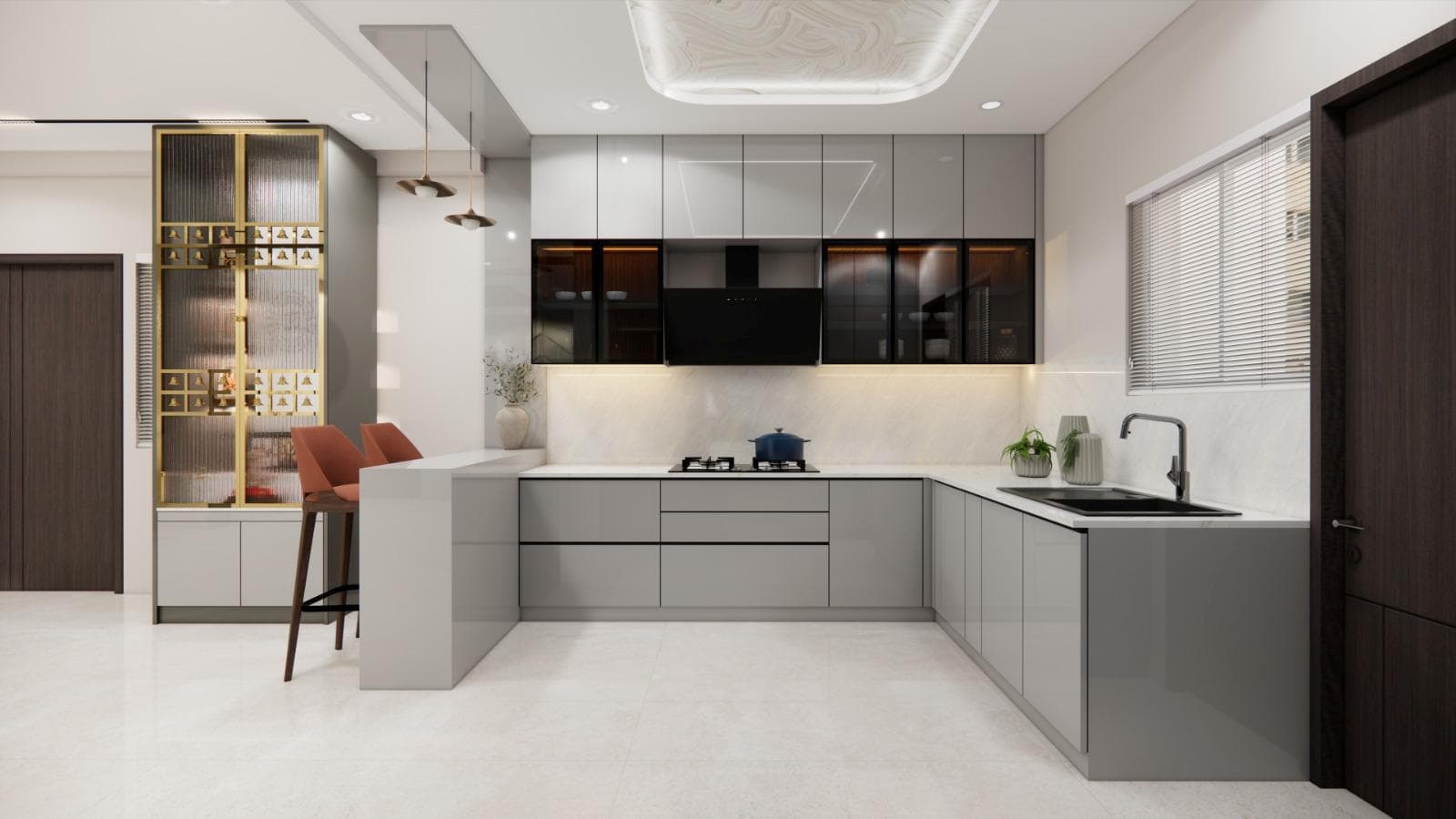 Contemporary residential kitchen with cabinetry, work surface and integrated appliances