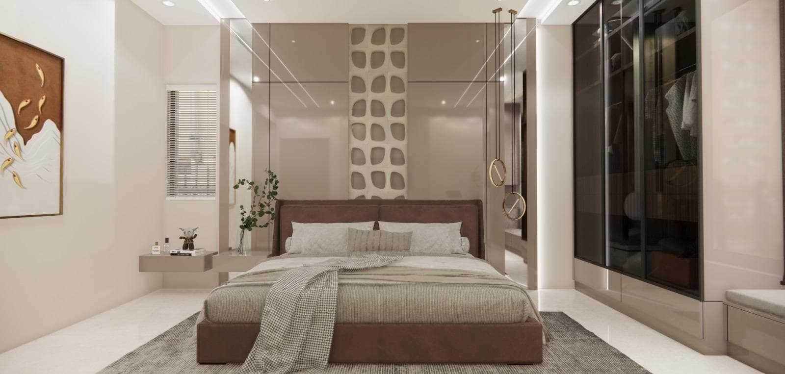 Master bedroom with a layered headboard wall, bedside lighting and soft furnishings