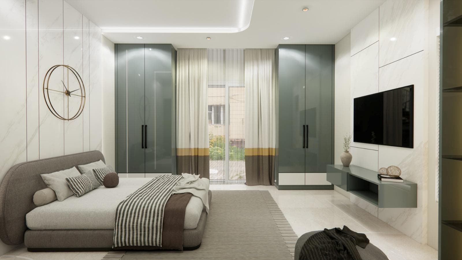 Bedroom interior with a tailored bed wall and warm neutral finishes