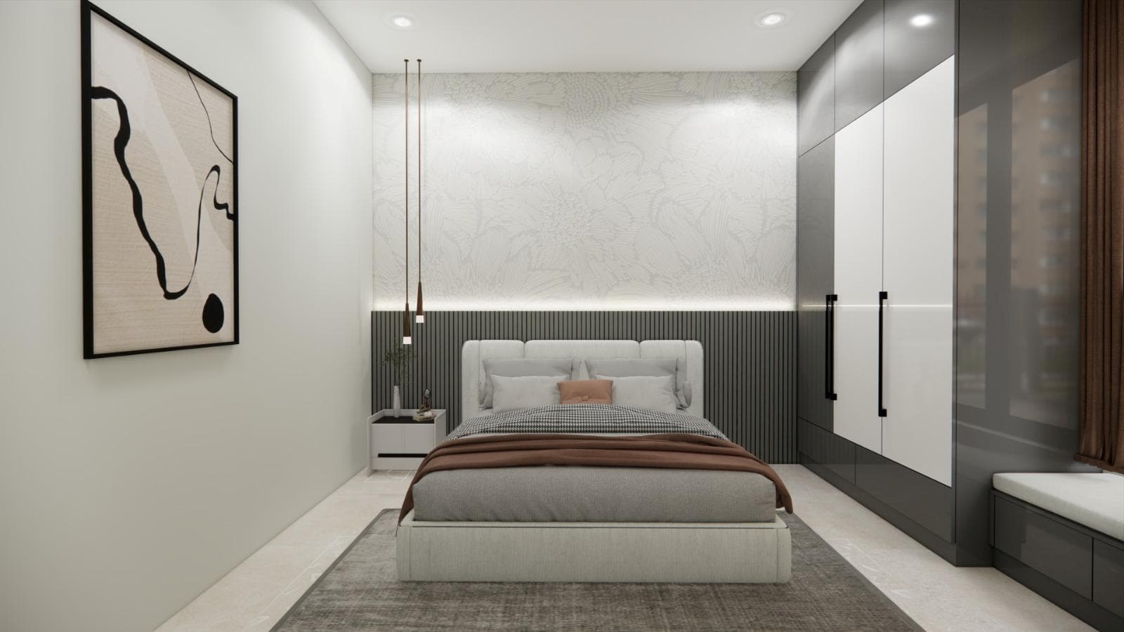 Bedroom feature wall with integrated lighting and a bedside composition