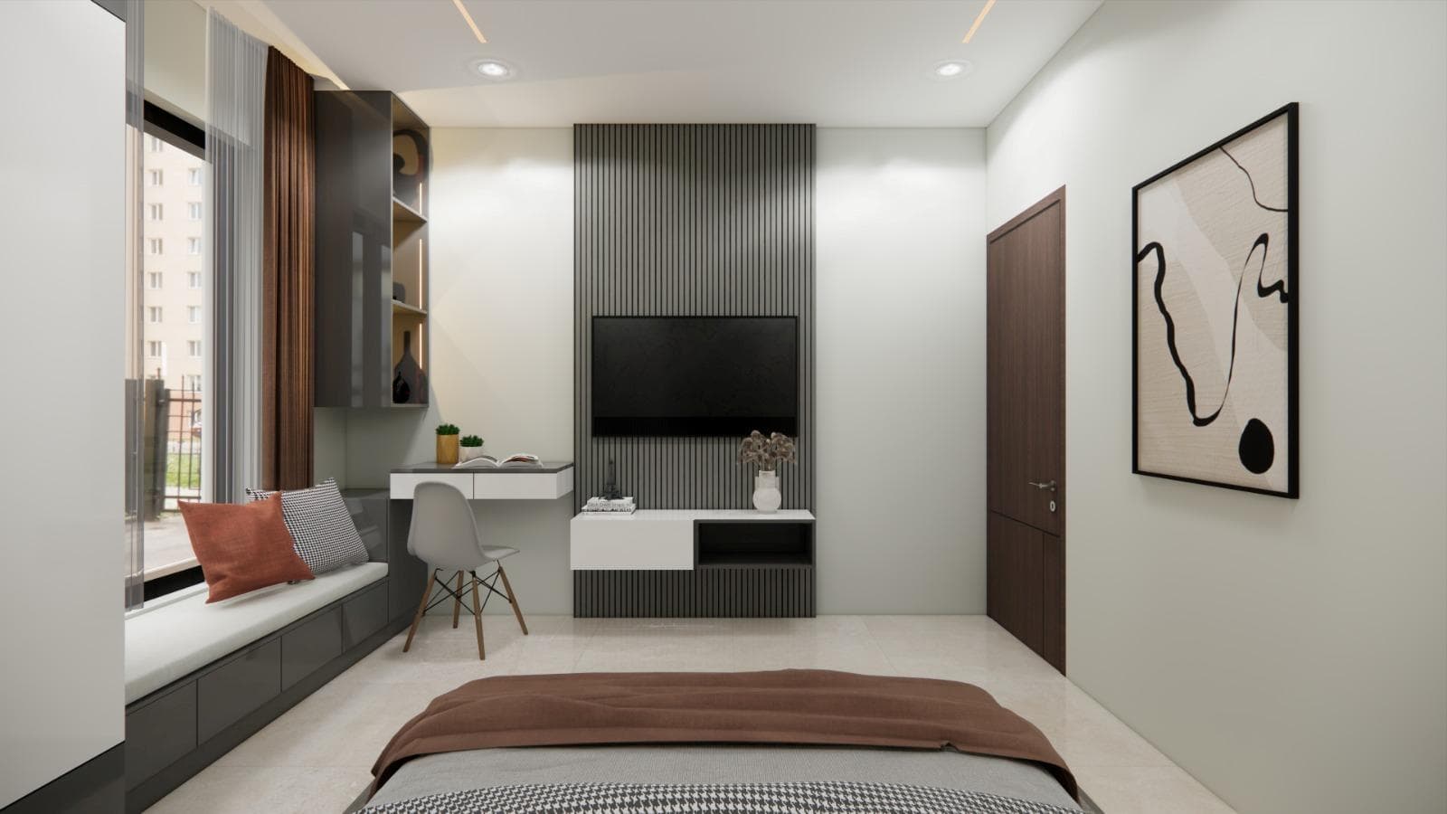 Residential study and television unit with integrated storage and shelving