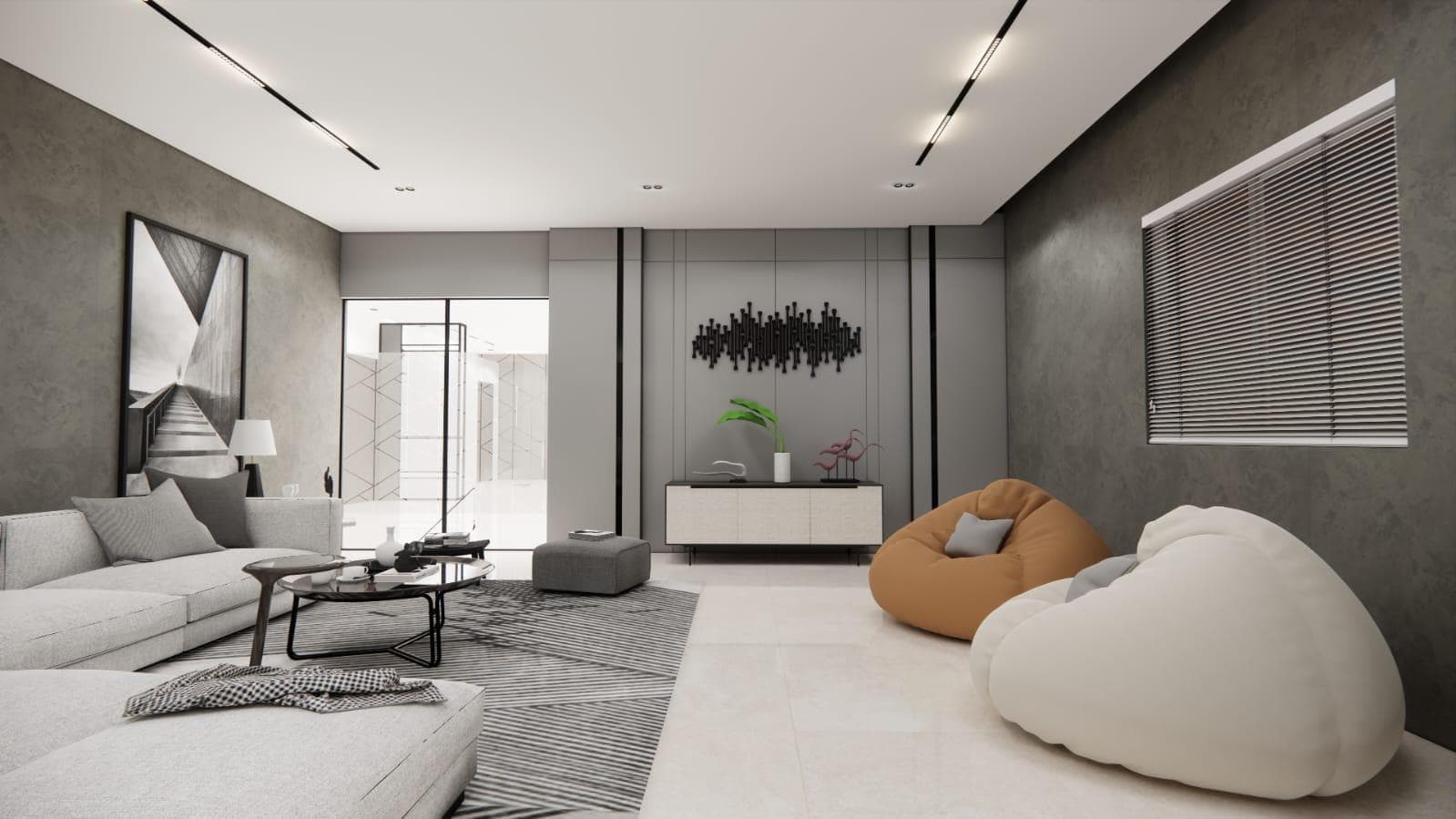 Drawing area with a feature wall, lounge seating and layered lighting