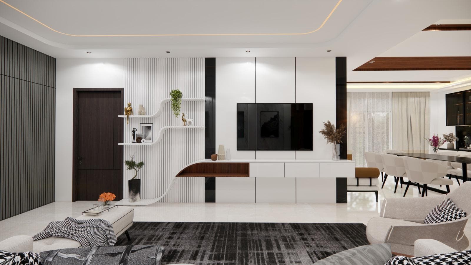 Open living and dining area with coordinated furniture, lighting and wall finishes