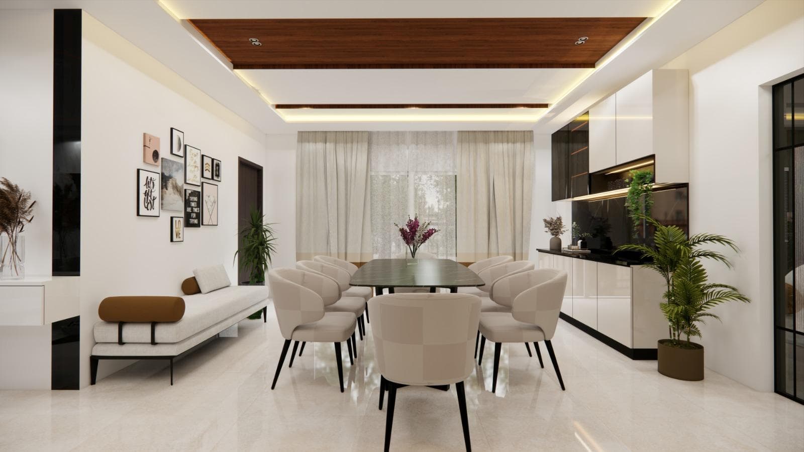 Residential dining area with a statement wall and contemporary table setting