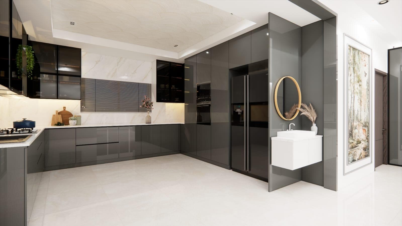 Modern kitchen with integrated cabinets, appliances and work surfaces