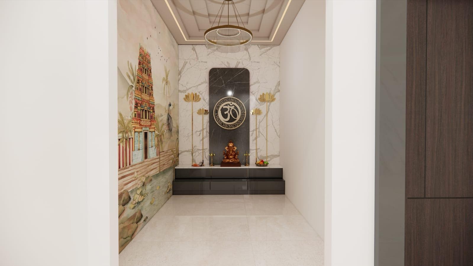 Pooja area with a detailed backdrop, storage and warm lighting