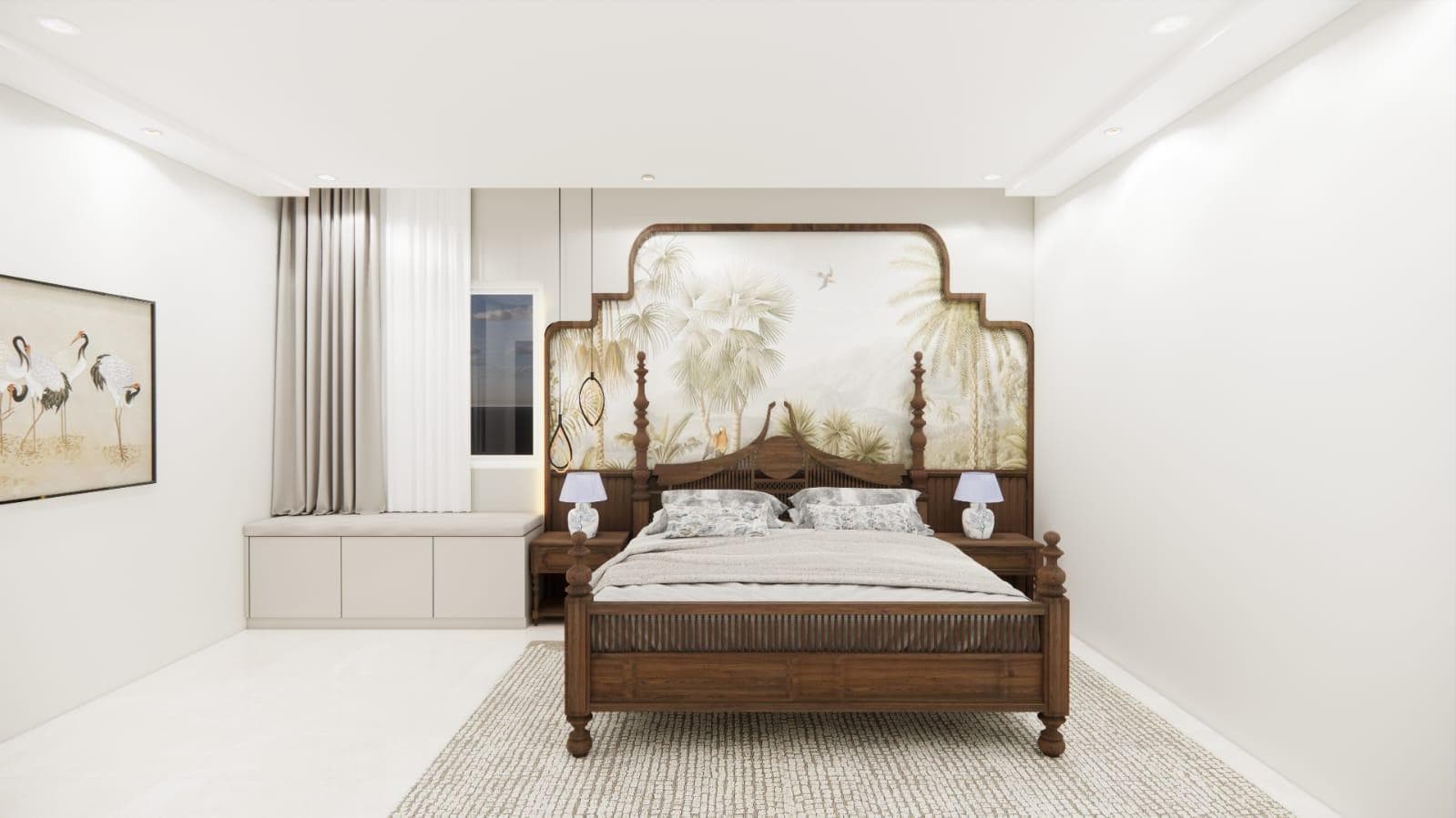 Master bedroom with upholstered headboard wall, bedside units and warm ambient lighting
