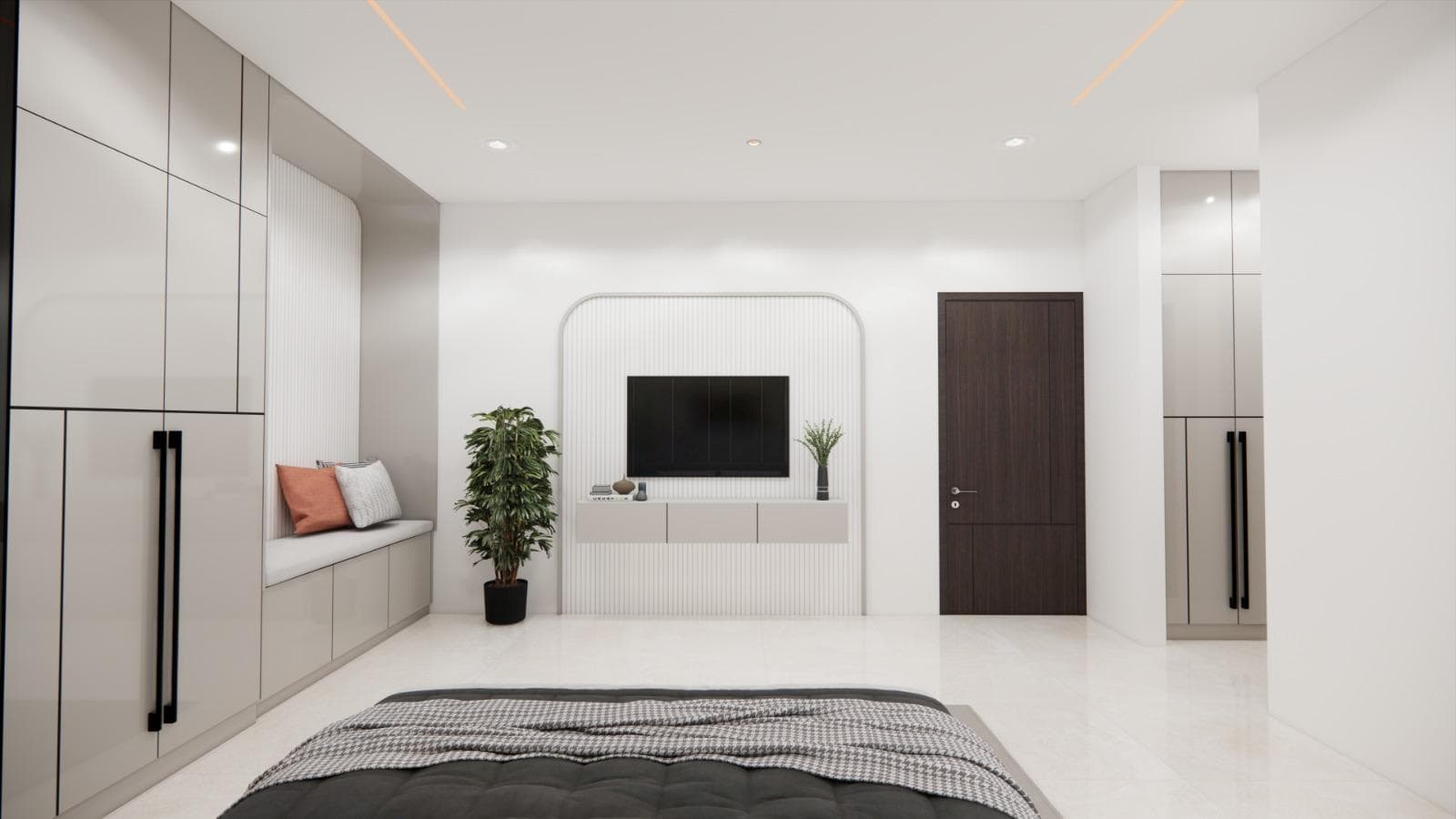 Guest bedroom with a tailored bed wall, wardrobe and balanced lighting