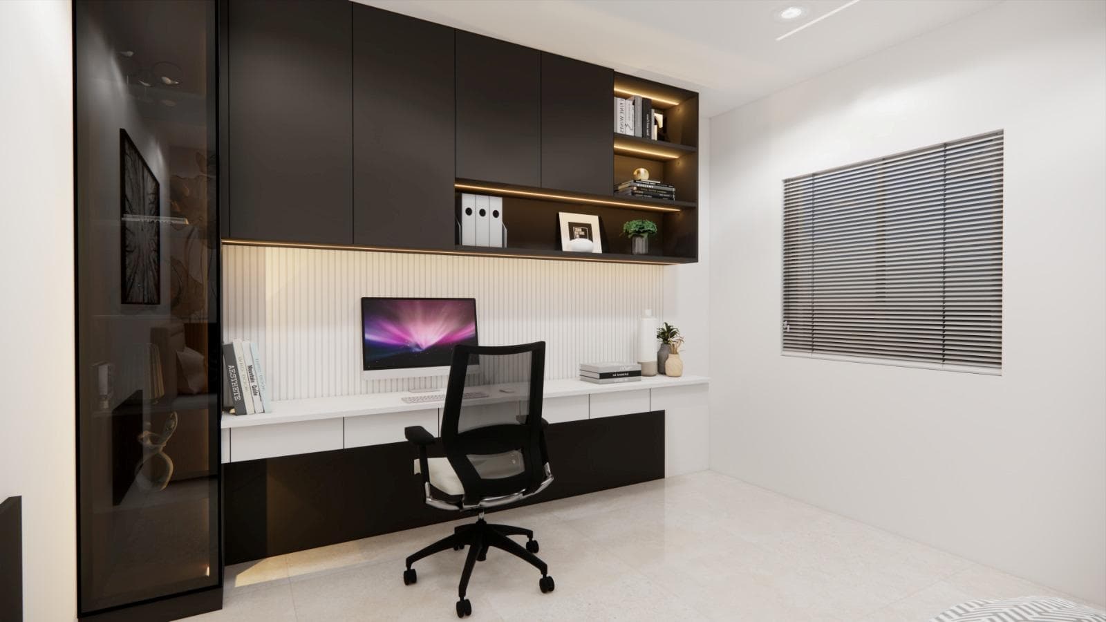 Study room with a desk, display shelving and integrated storage