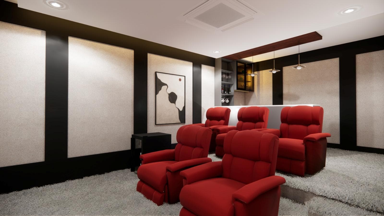 Home theatre with dark wall finishes, lounge seating and atmospheric lighting