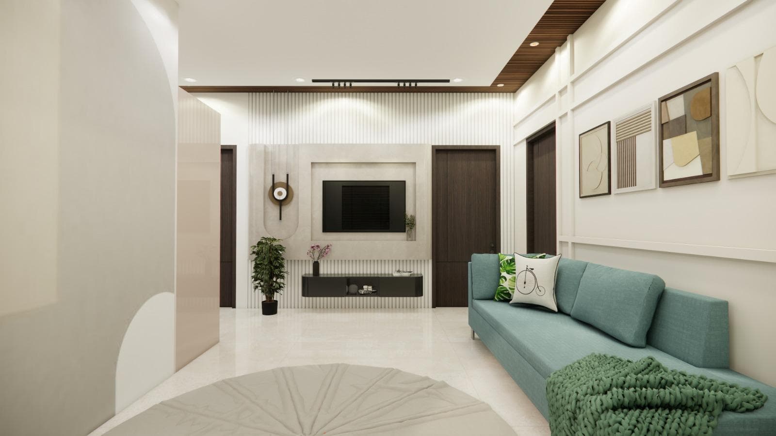 Contemporary living area with a television wall, lounge seating and layered lighting