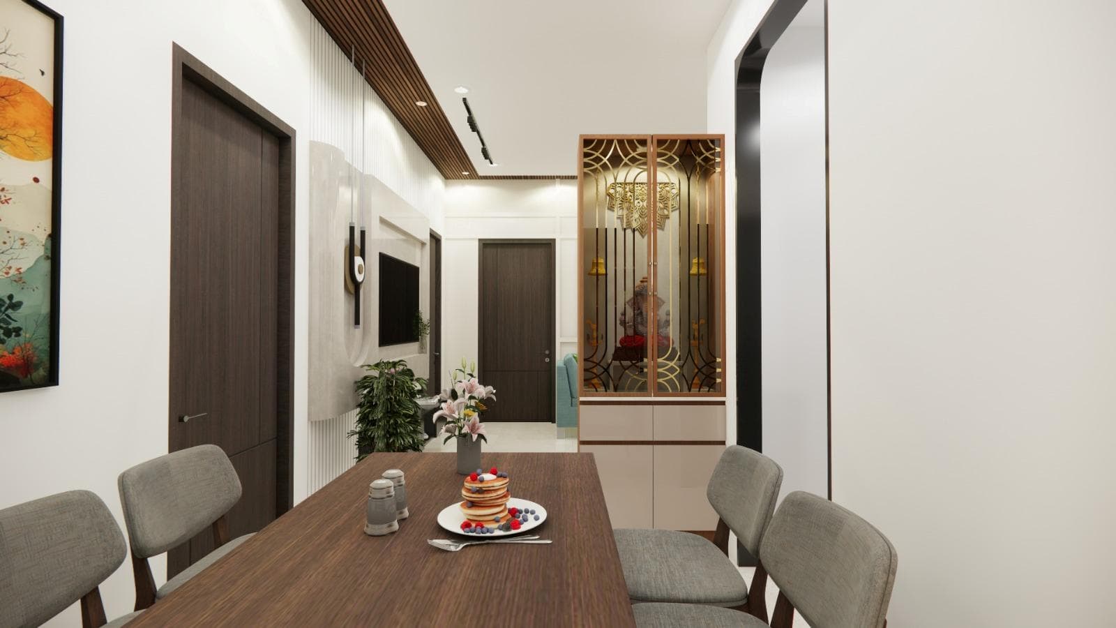 Dining area with a compact dining table, crockery unit and warm lighting