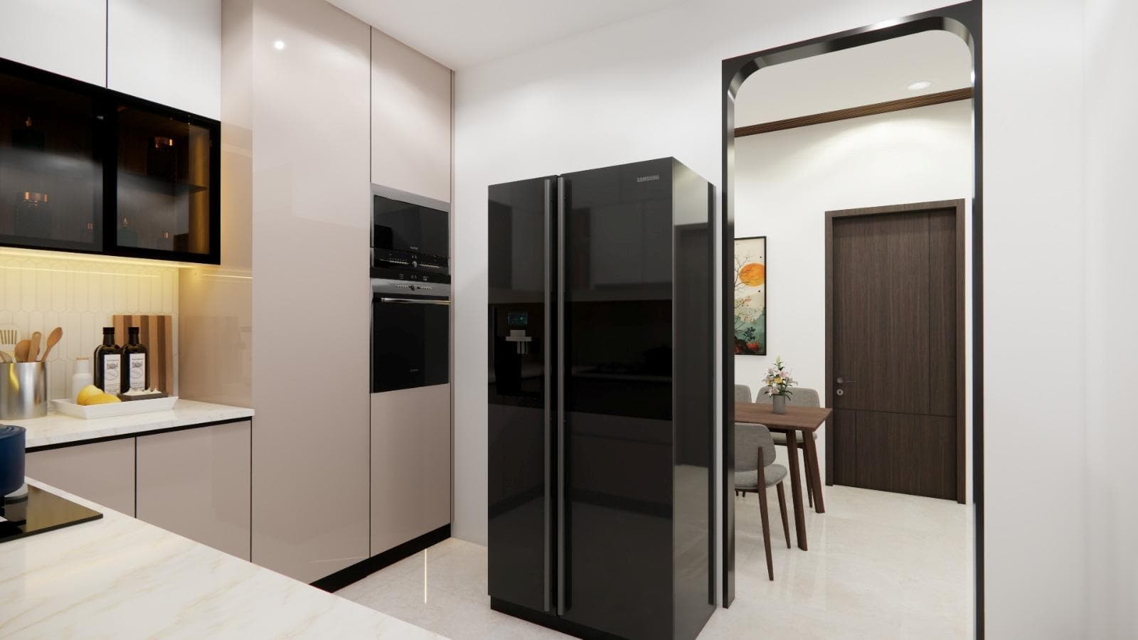 Contemporary kitchen with coordinated lower and upper cabinets, appliances and worktop