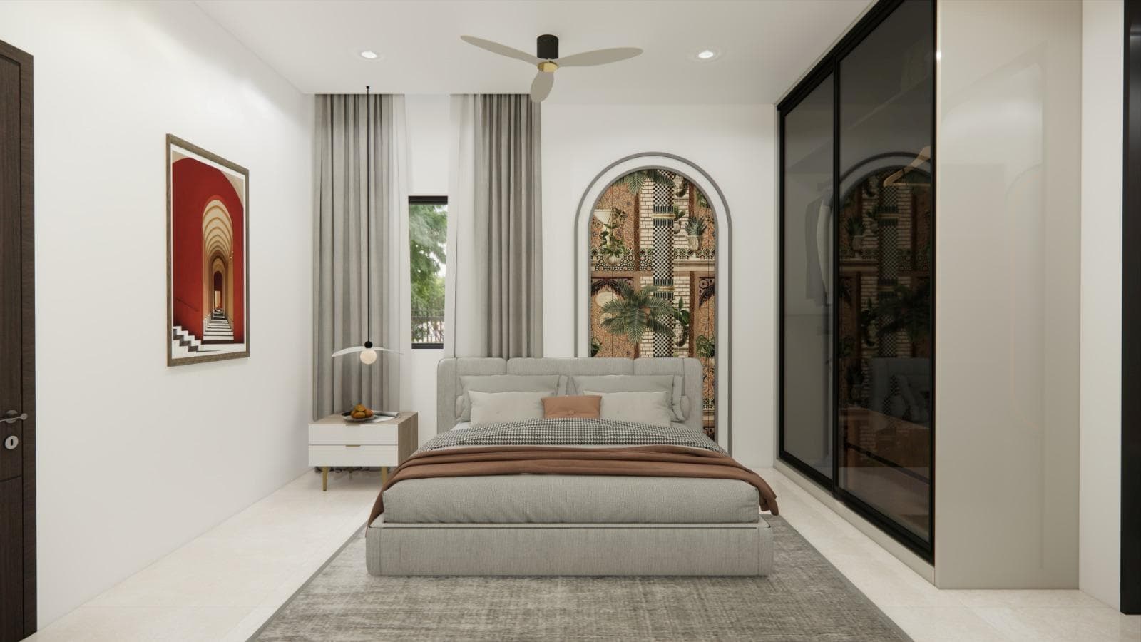 Master bedroom with an upholstered bed wall, bedside storage and warm lighting