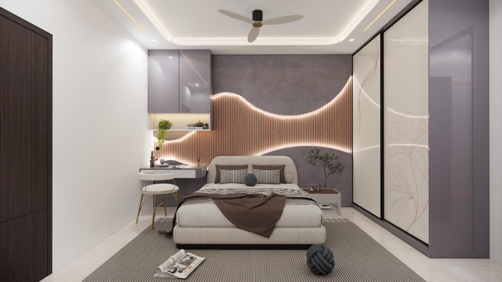 Bedroom with a feature headboard wall, upholstered bed and integrated storage
