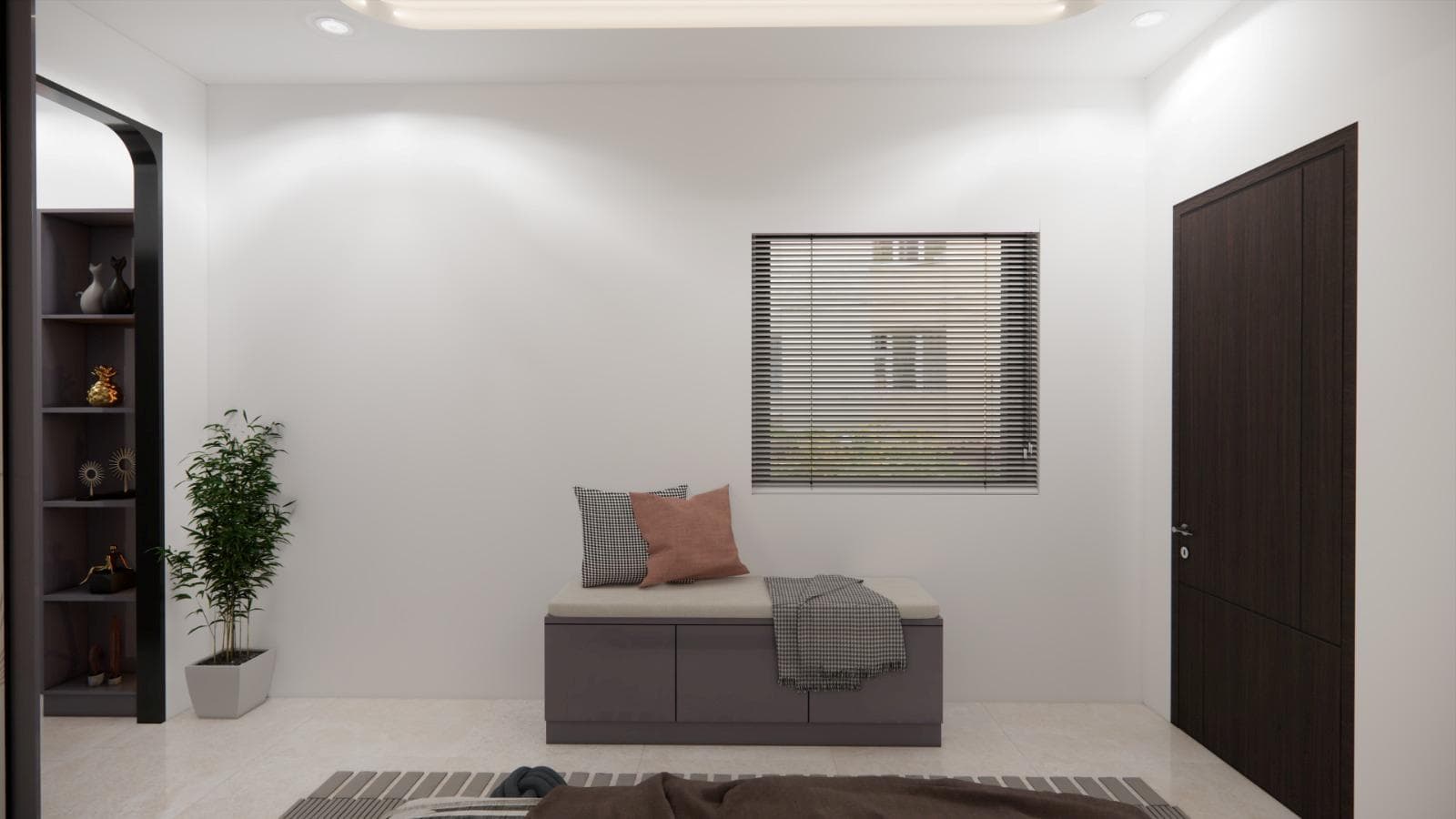 Bedroom seating area with a television wall, armchair and warm finish palette