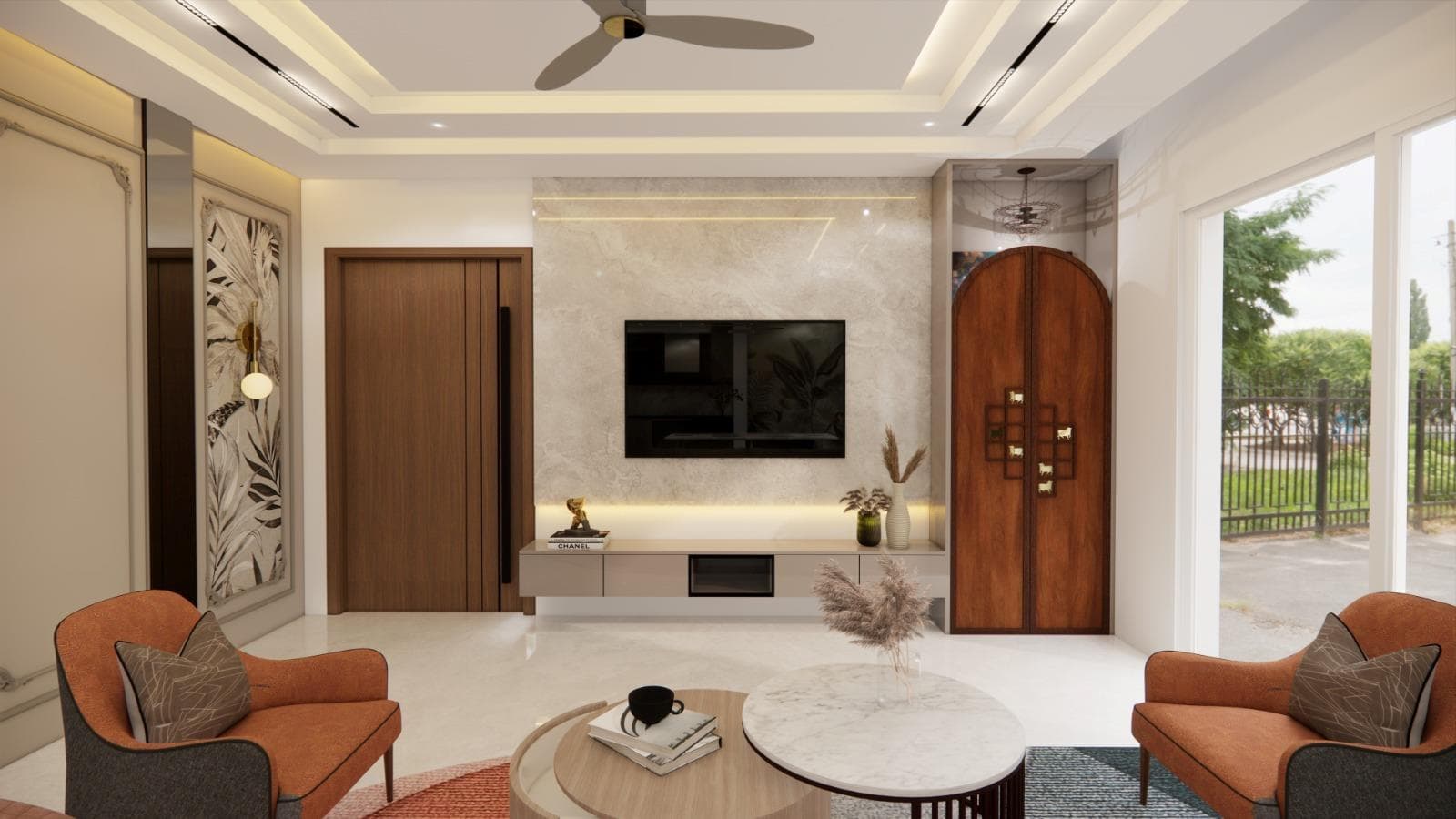 Living area with a television wall, lounge seating and warm contemporary finishes
