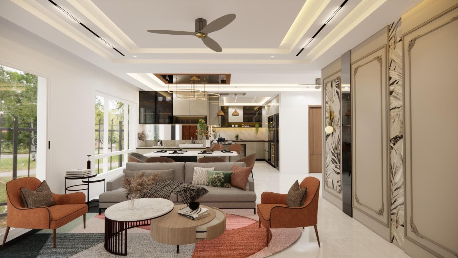 Open living layout with seating, feature walls and integrated lighting