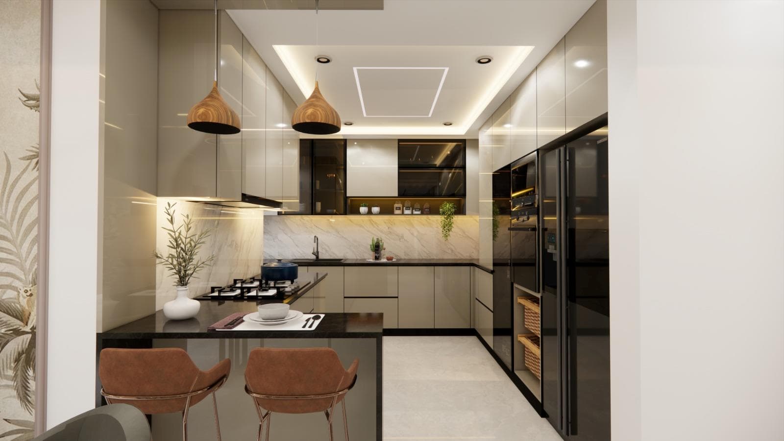 Modern kitchen with a tall cabinet wall, counter space and integrated appliances
