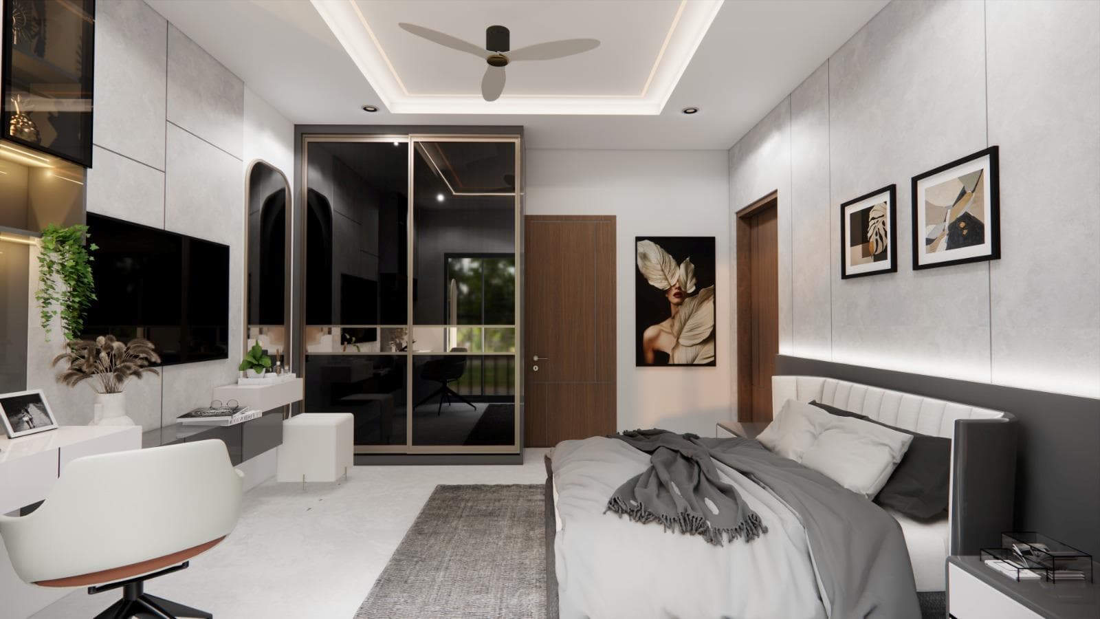 Bedroom with an upholstered bed wall, bedside lighting and integrated wardrobe