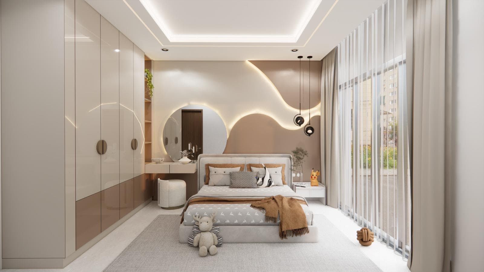Children's bedroom with a playful feature wall, bed and study corner