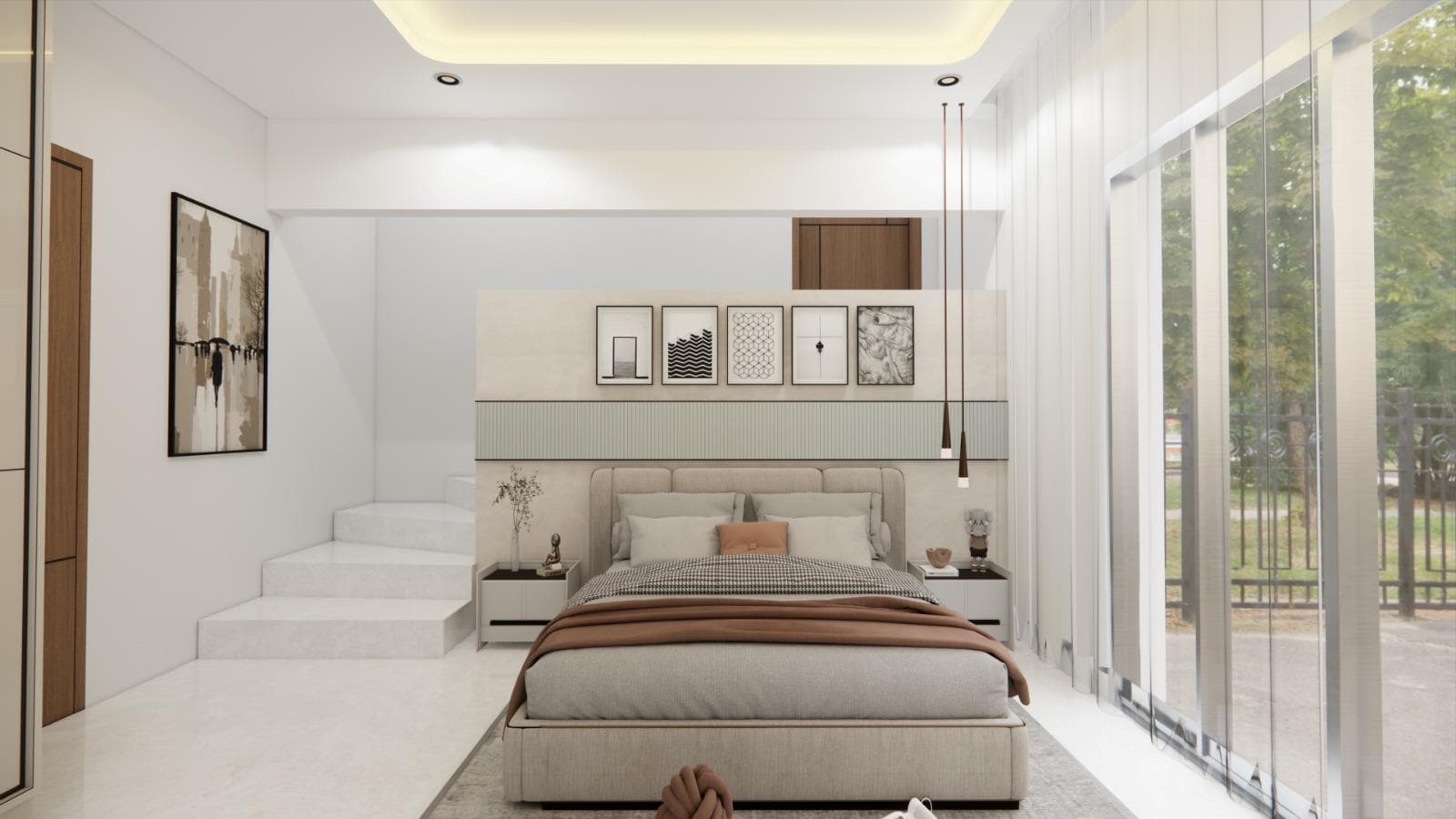 Bedroom with a window-side bed wall, warm panelling and bedside lighting