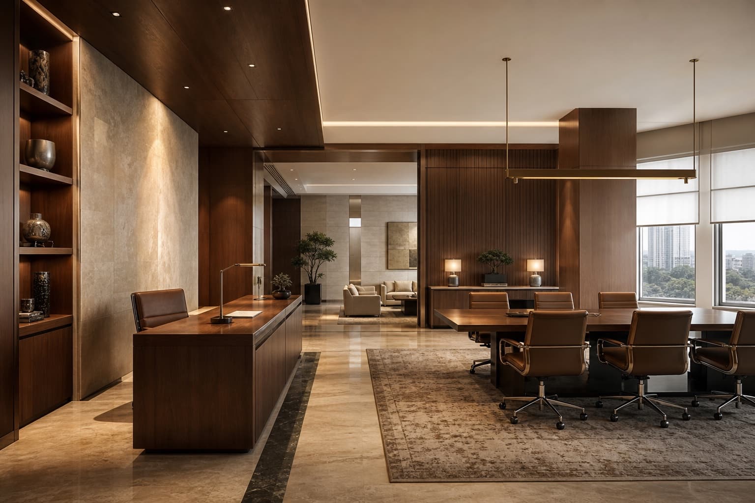 Architectural illustration of a formal executive office with walnut panelling and stone finishes
