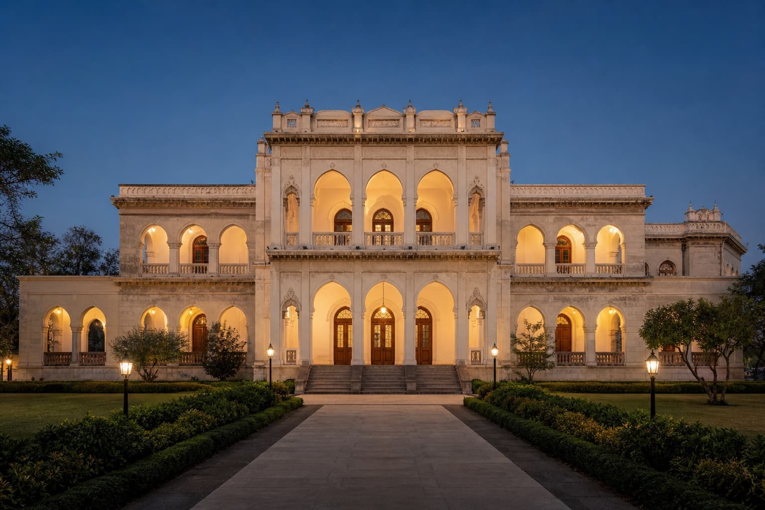 Illustrative blue-hour view of a restored historic civic hall with illuminated arched colonnades