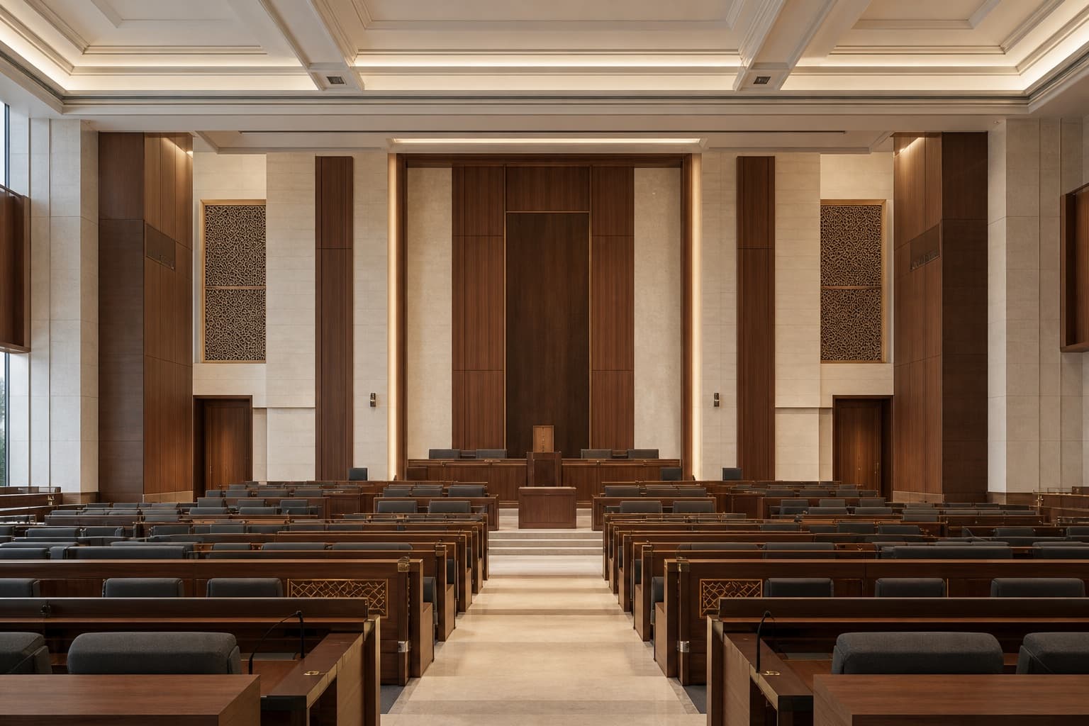 Architectural illustration of a formal assembly chamber with timber joinery and stone finishes